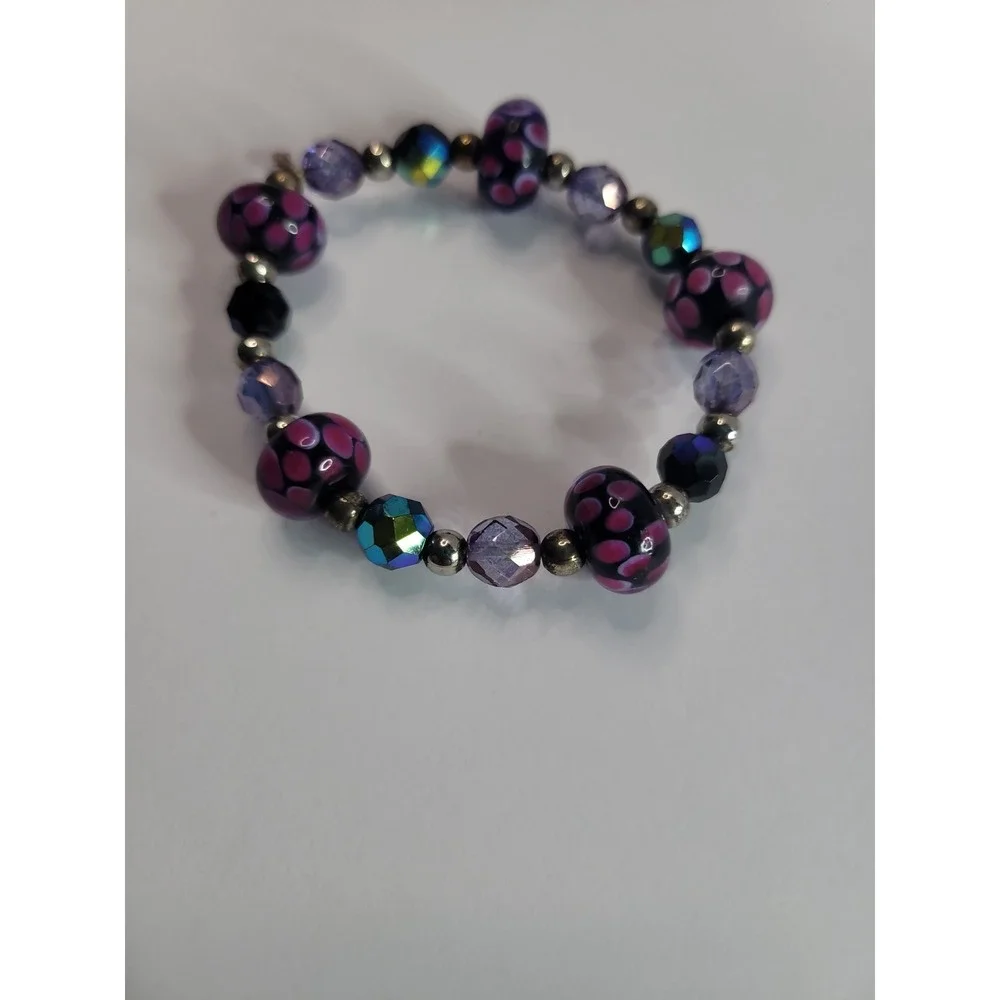 Pink Black Purple Beaded Stretch Bracelet with floral Dot Pattern